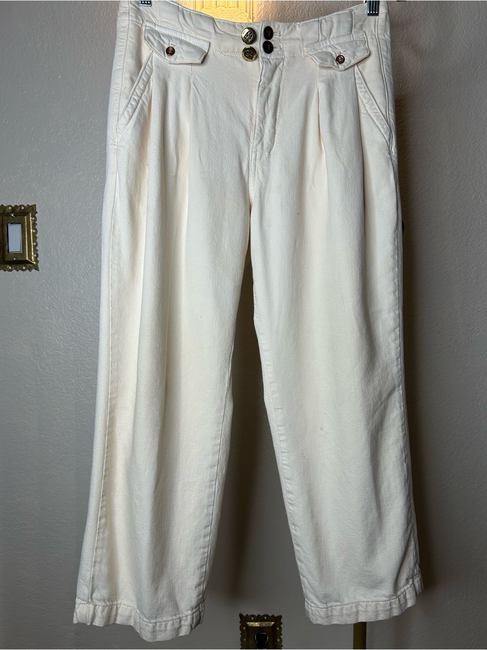 Pilcro Cream Ankle-Cropped Pants with Brass Crest Buttons